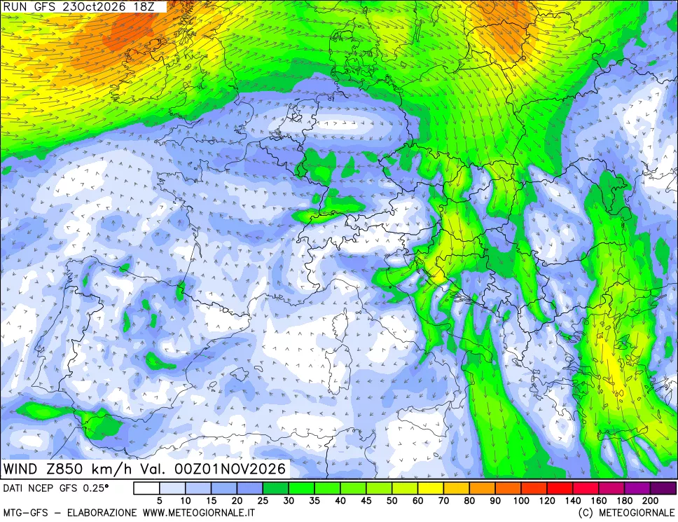 mappa 850 hPa Vento forza e direzione
