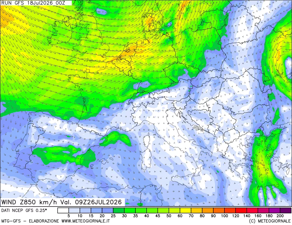 mappa 850 hPa Vento forza e direzione