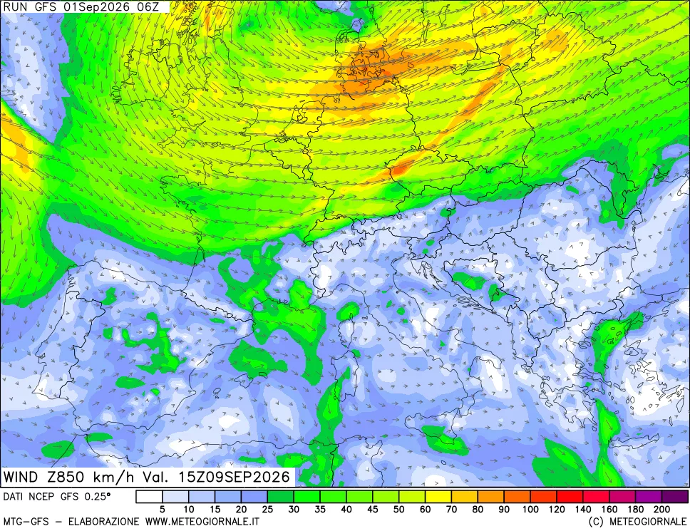 mappa 850 hPa Vento forza e direzione