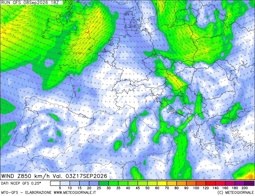 mappa 850 hPa Vento forza e direzione