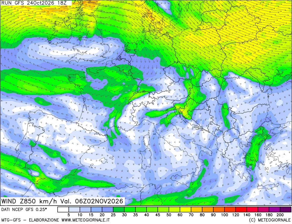 mappa 850 hPa Vento forza e direzione