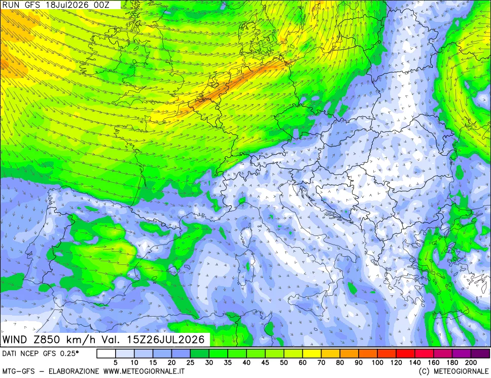 mappa 850 hPa Vento forza e direzione