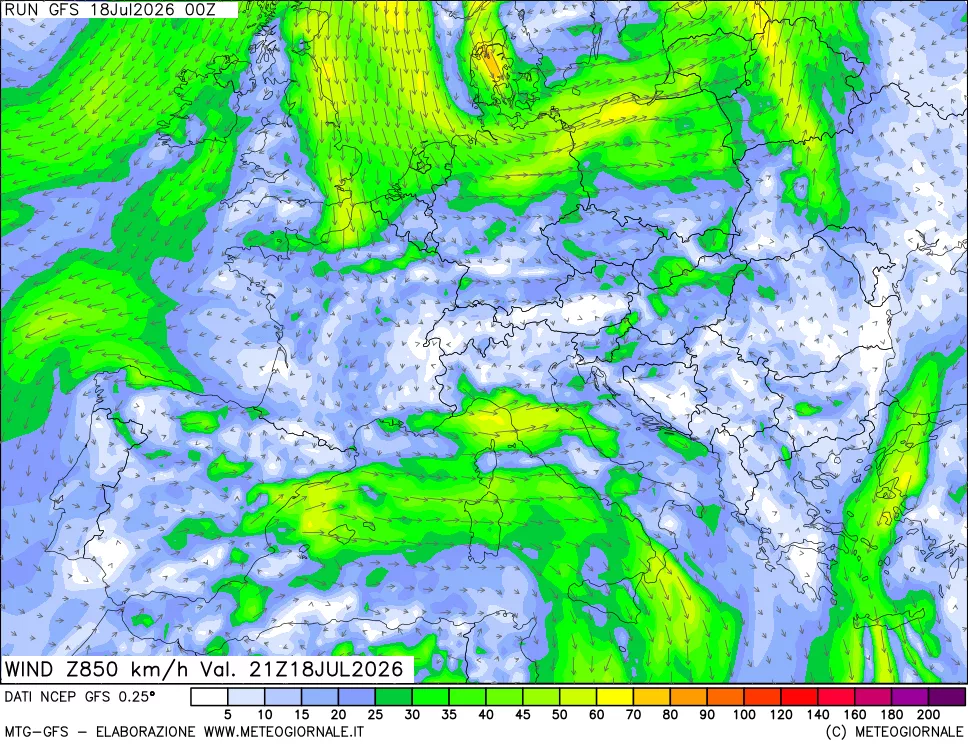 mappa 850 hPa Vento forza e direzione