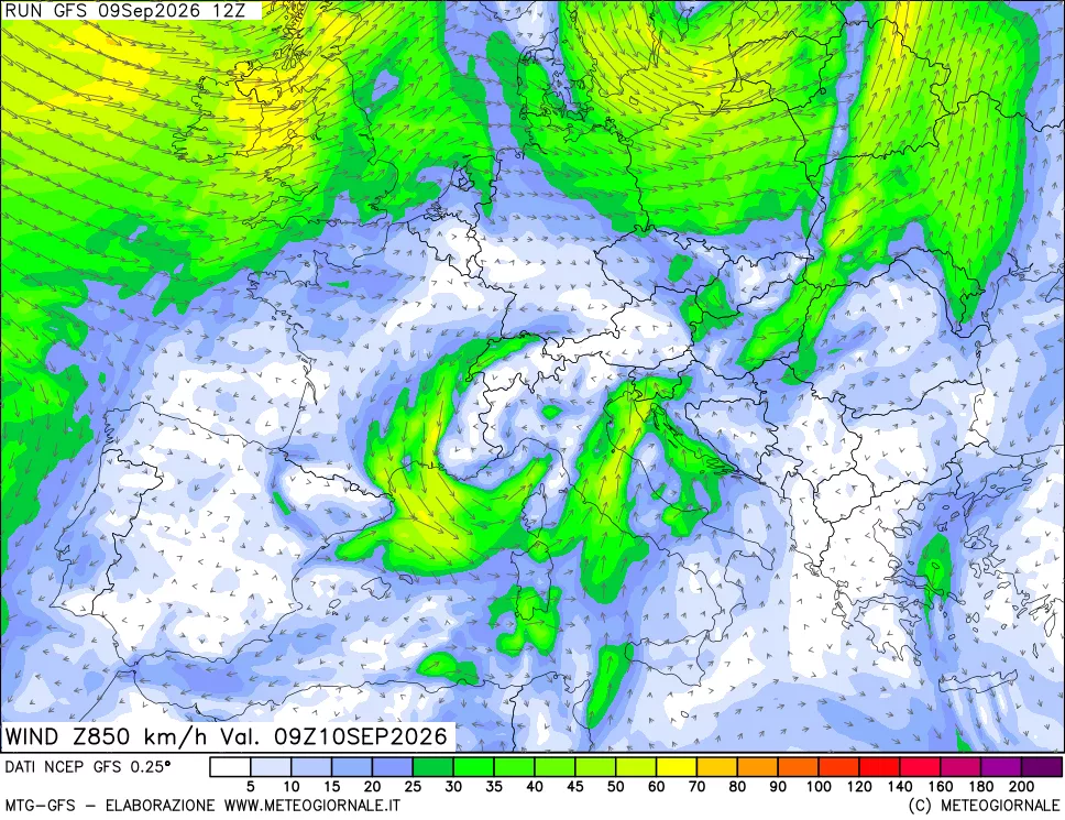 mappa 850 hPa Vento forza e direzione