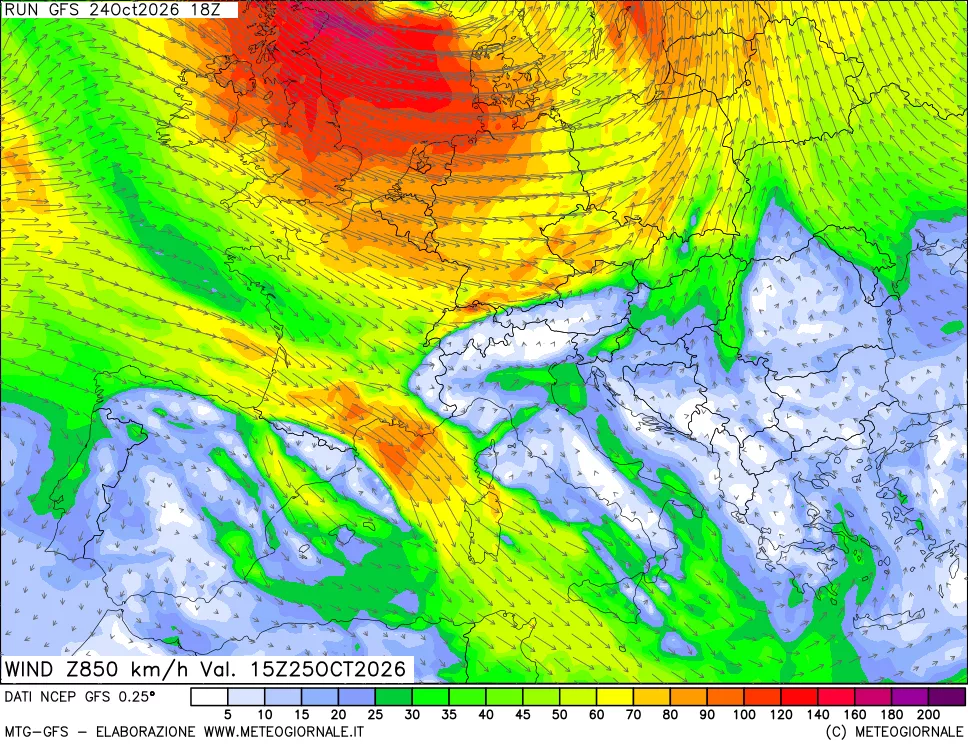 mappa 850 hPa Vento forza e direzione