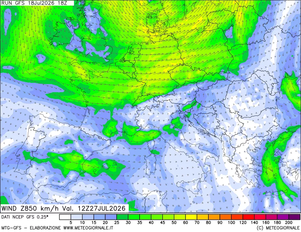 mappa 850 hPa Vento forza e direzione