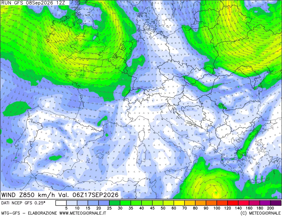 mappa 850 hPa Vento forza e direzione