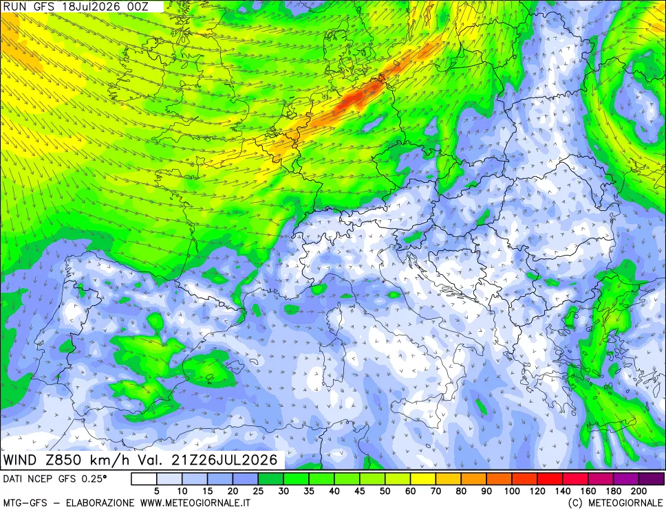 mappa 850 hPa Vento forza e direzione