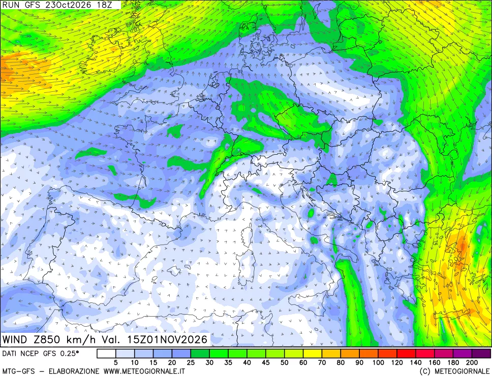 mappa 850 hPa Vento forza e direzione