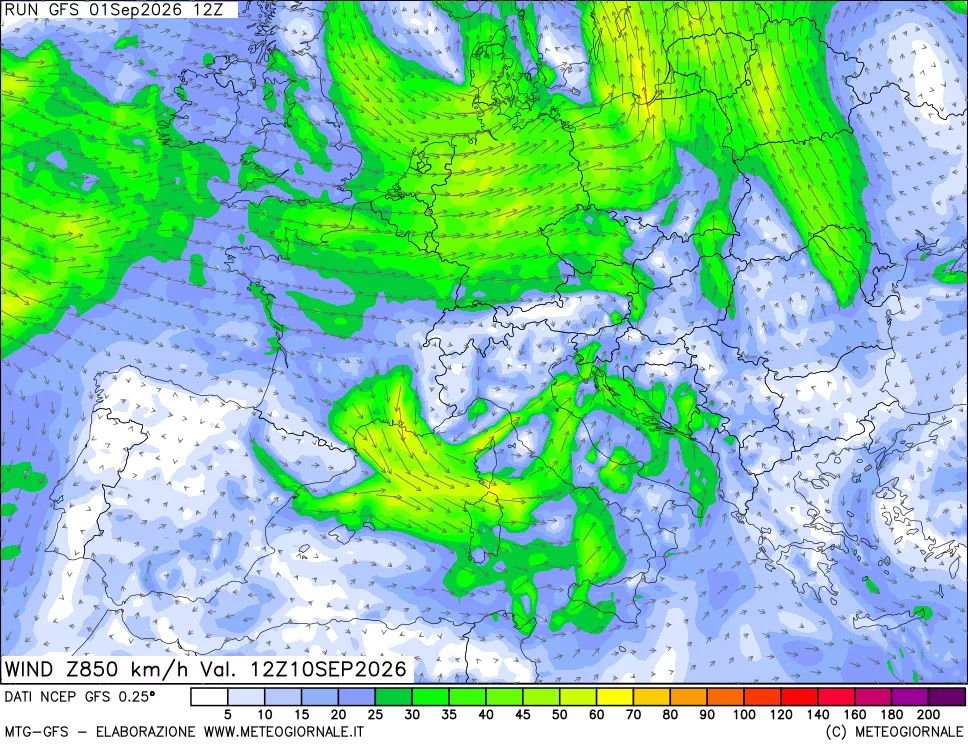 mappa 850 hPa Vento forza e direzione