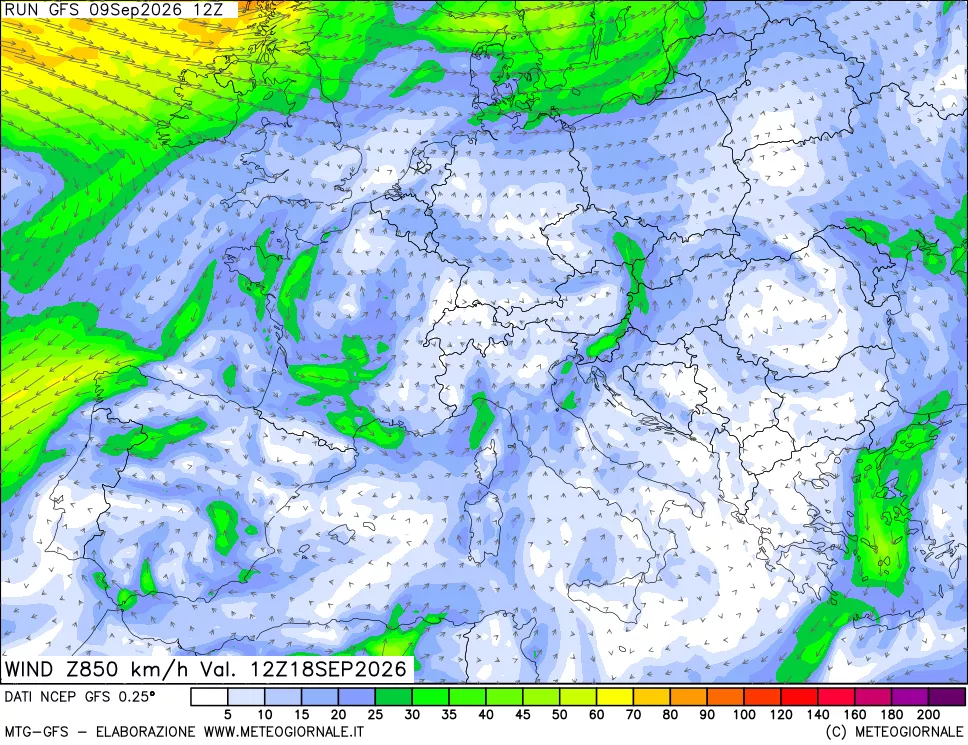 mappa 850 hPa Vento forza e direzione