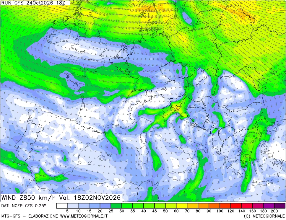 mappa 850 hPa Vento forza e direzione