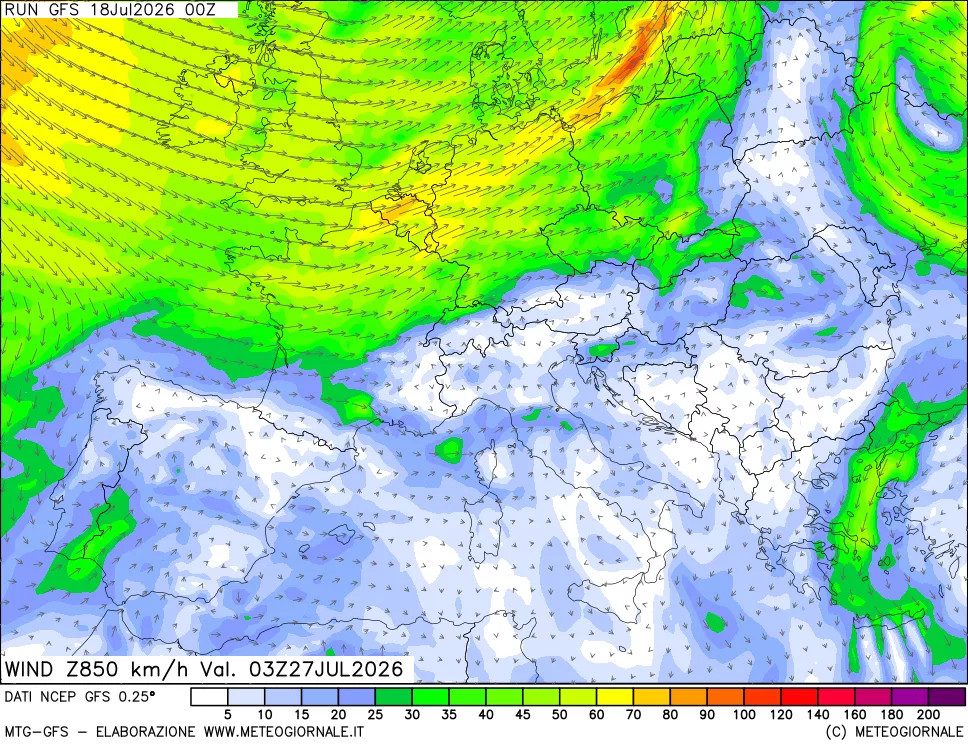 mappa 850 hPa Vento forza e direzione