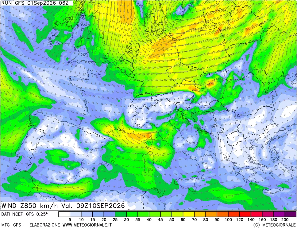 mappa 850 hPa Vento forza e direzione