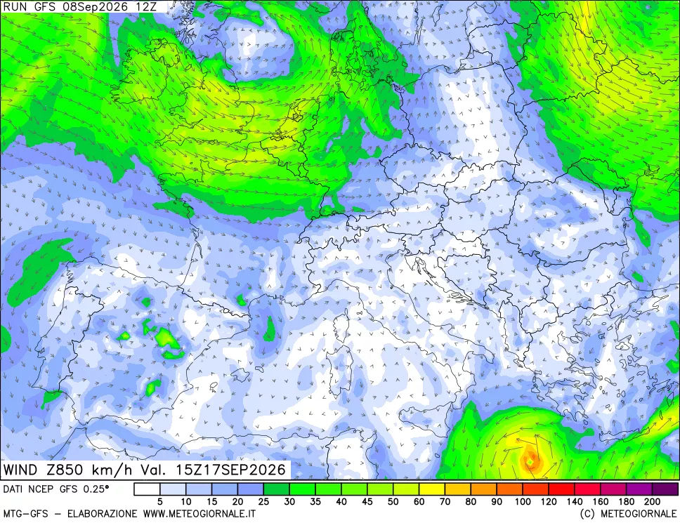 mappa 850 hPa Vento forza e direzione