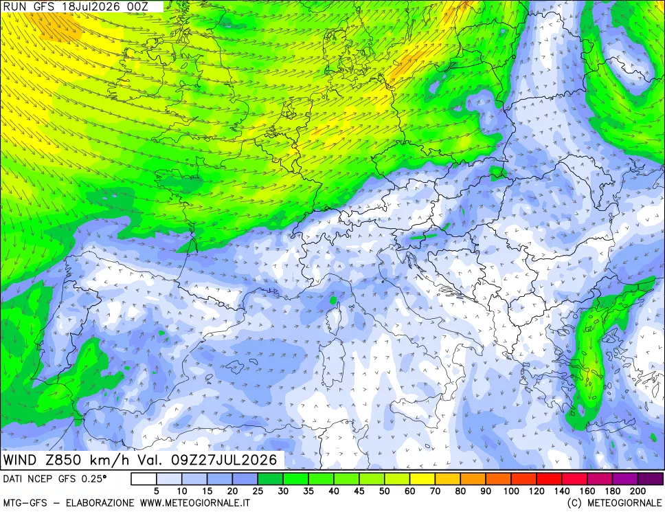 mappa 850 hPa Vento forza e direzione
