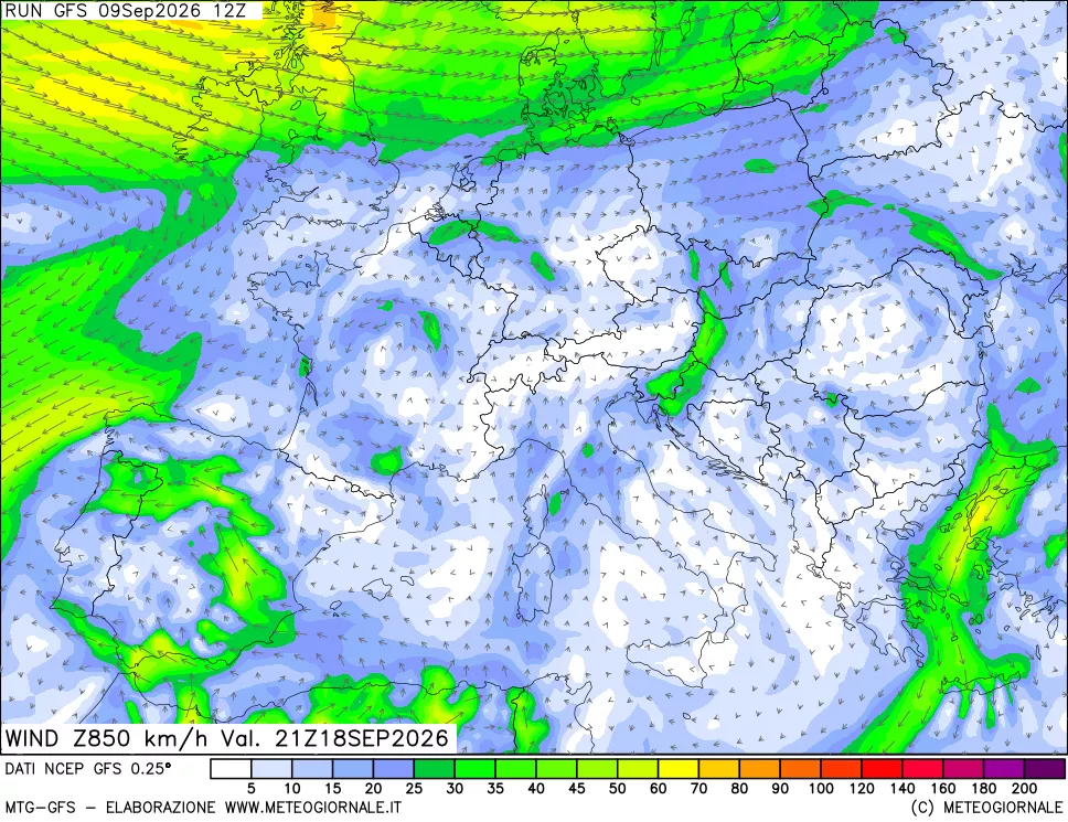 mappa 850 hPa Vento forza e direzione