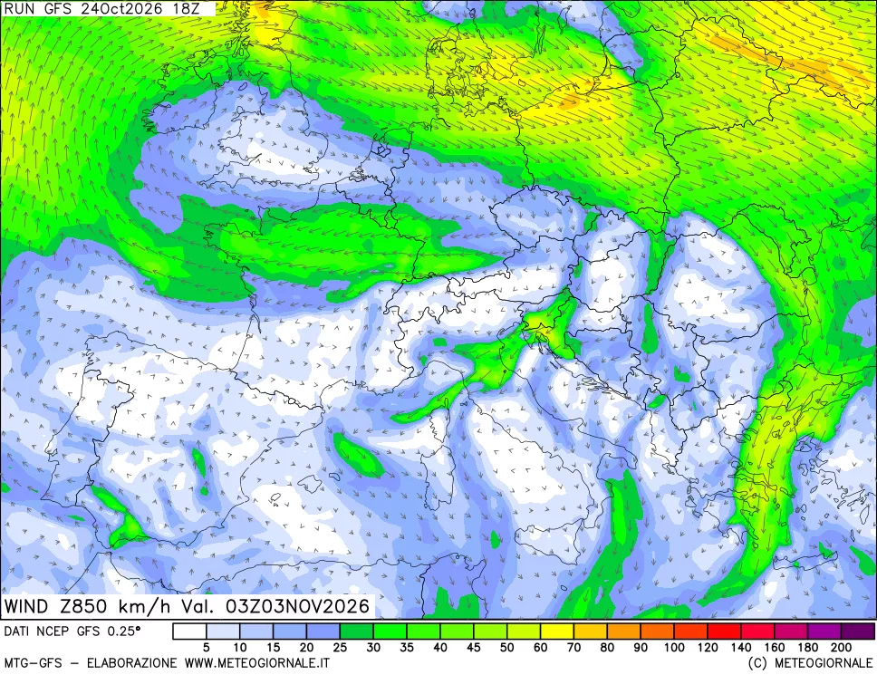 mappa 850 hPa Vento forza e direzione