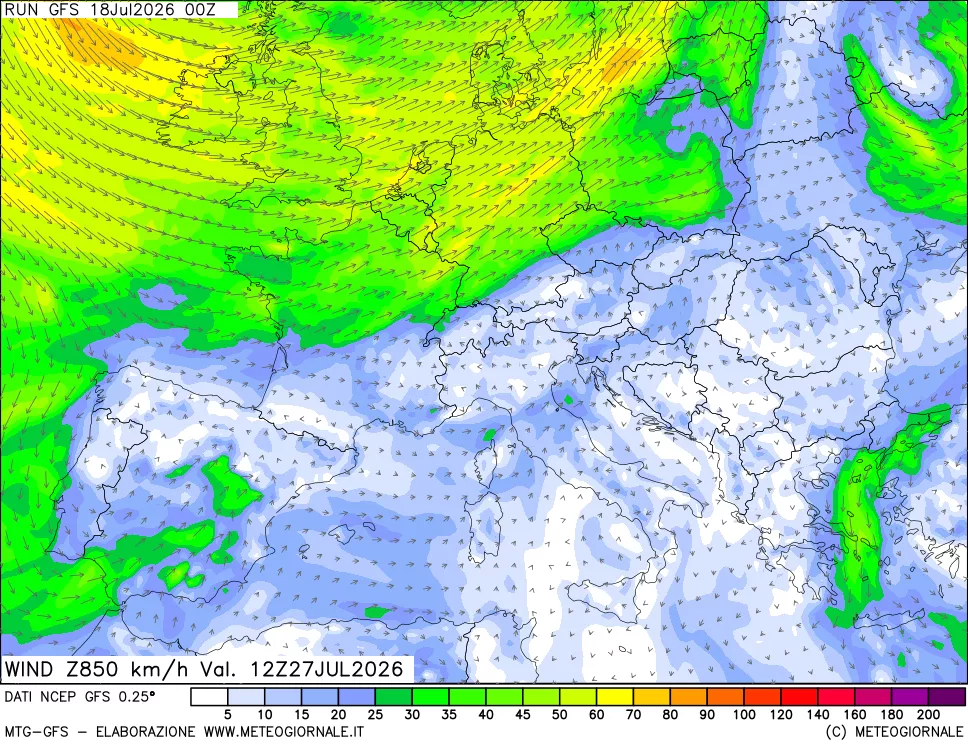 mappa 850 hPa Vento forza e direzione