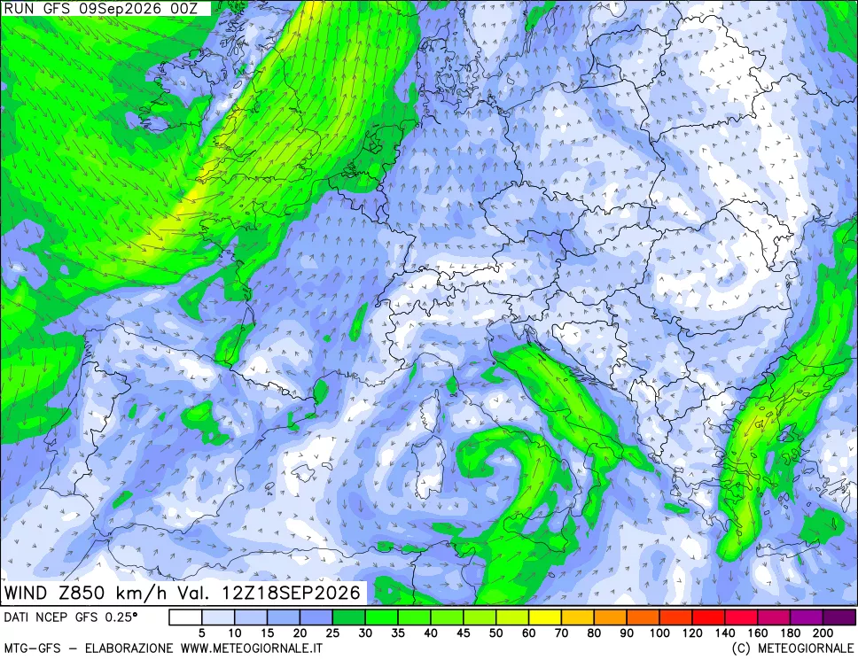 mappa 850 hPa Vento forza e direzione