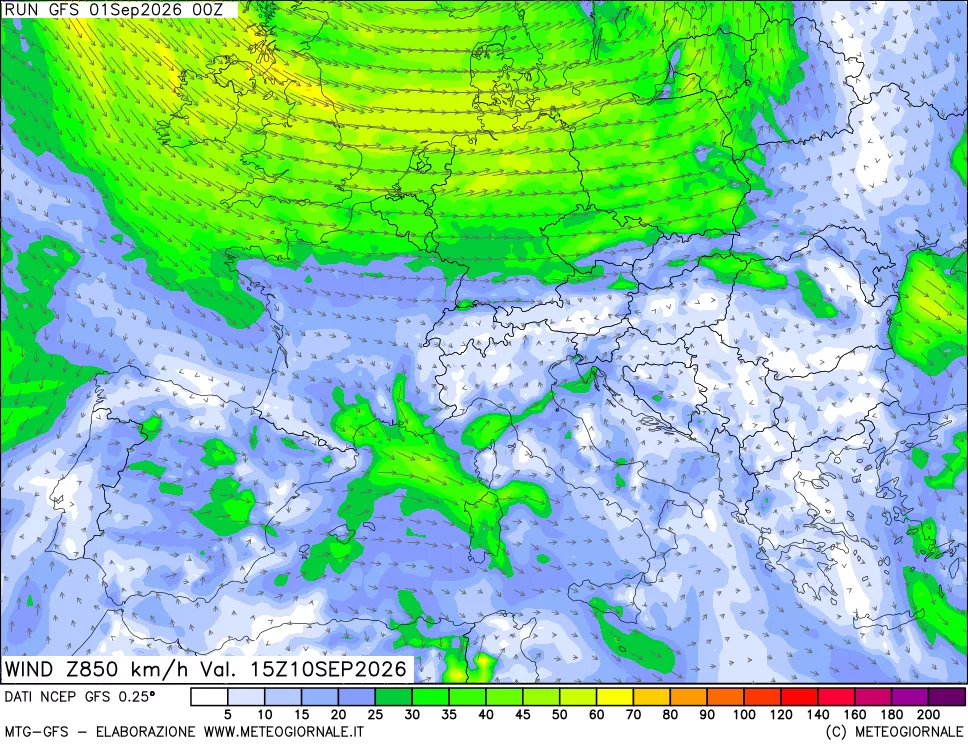 mappa 850 hPa Vento forza e direzione