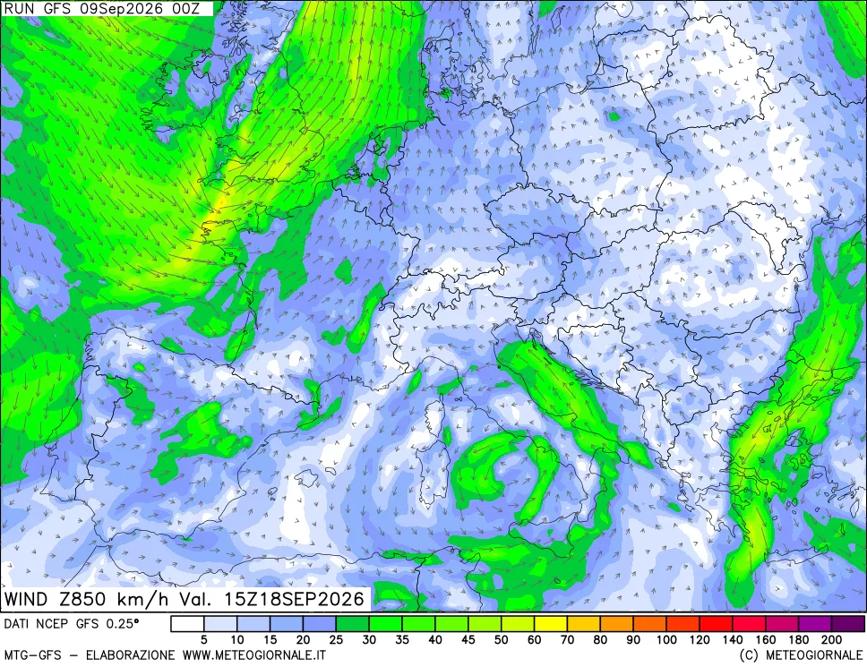 mappa 850 hPa Vento forza e direzione