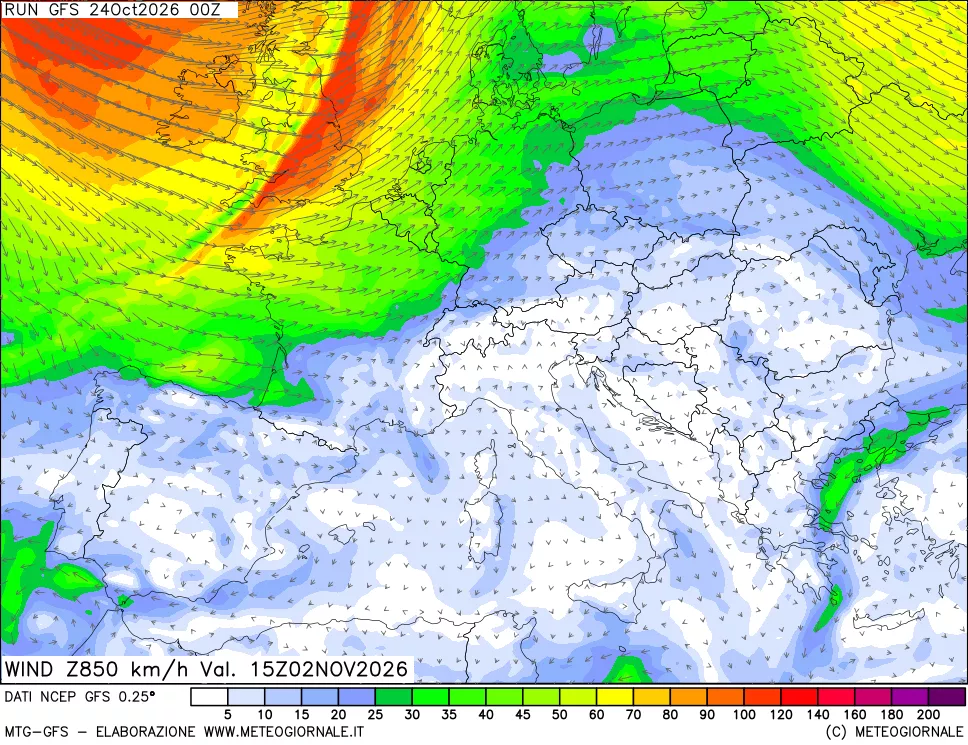 mappa 850 hPa Vento forza e direzione