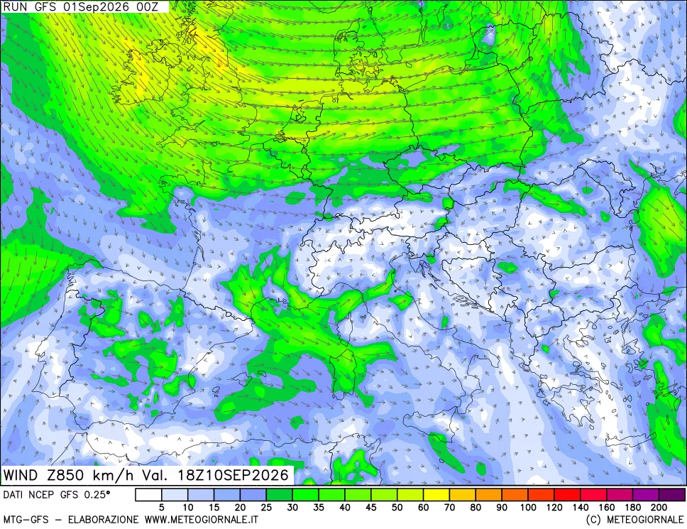 mappa 850 hPa Vento forza e direzione