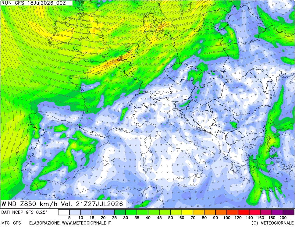 mappa 850 hPa Vento forza e direzione