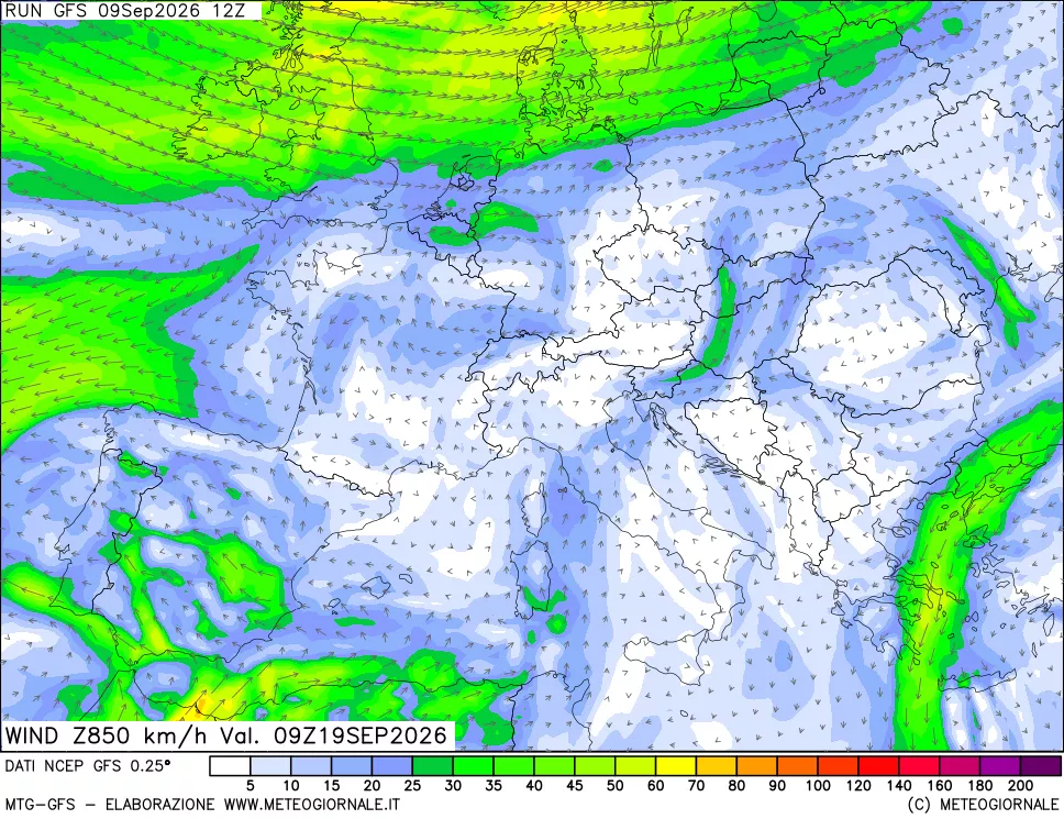 mappa 850 hPa Vento forza e direzione
