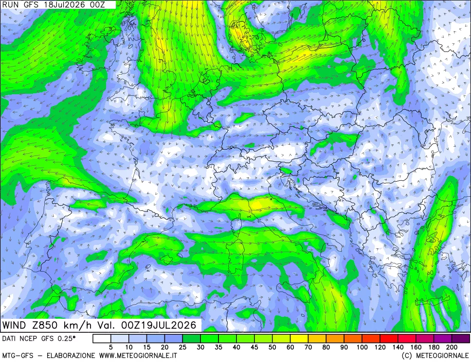 mappa 850 hPa Vento forza e direzione