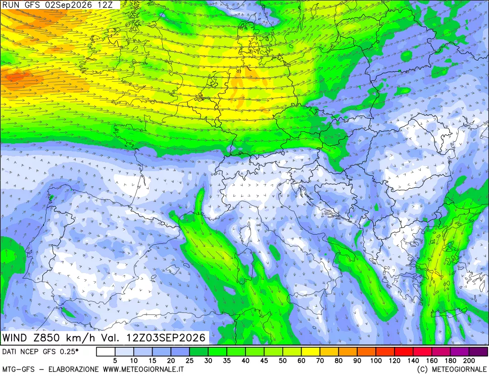 mappa 850 hPa Vento forza e direzione