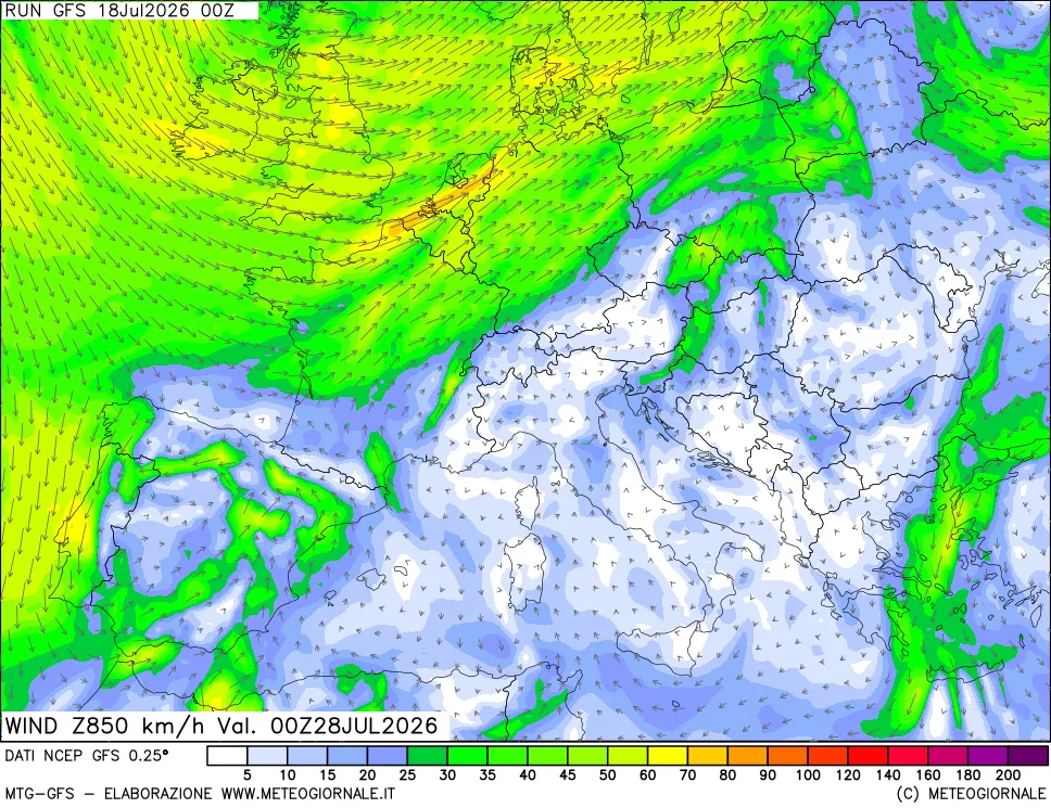 mappa 850 hPa Vento forza e direzione