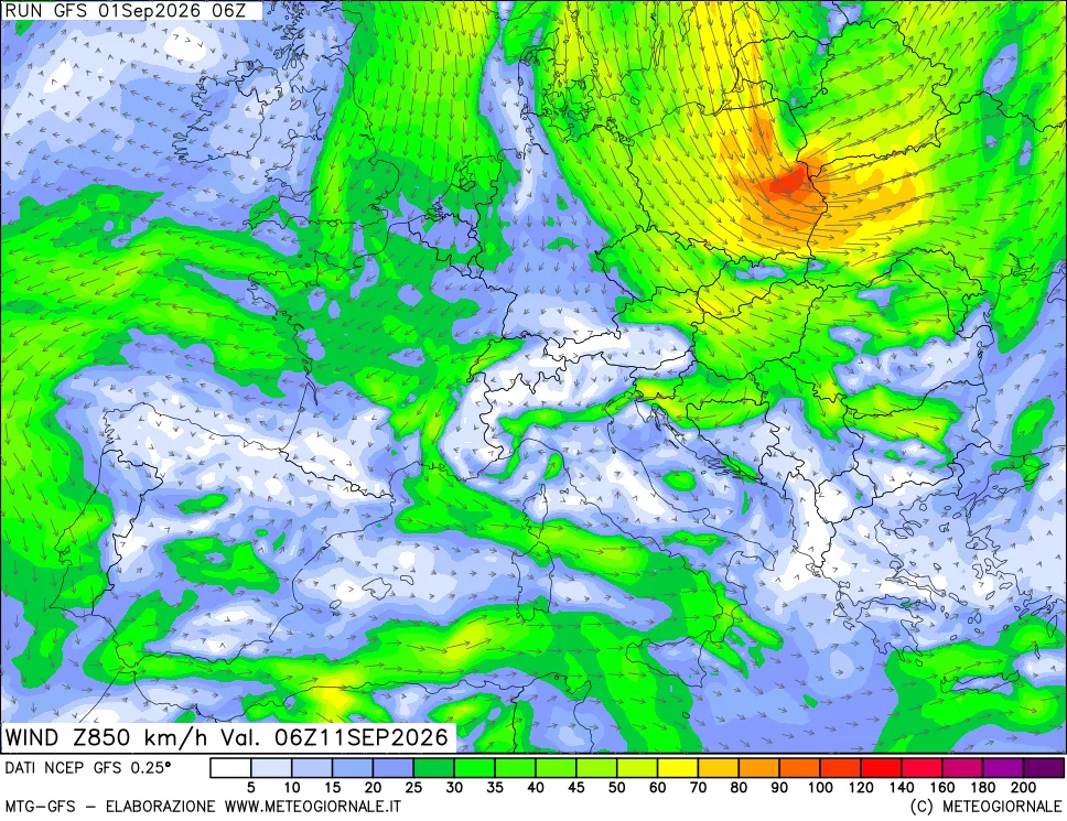 mappa 850 hPa Vento forza e direzione