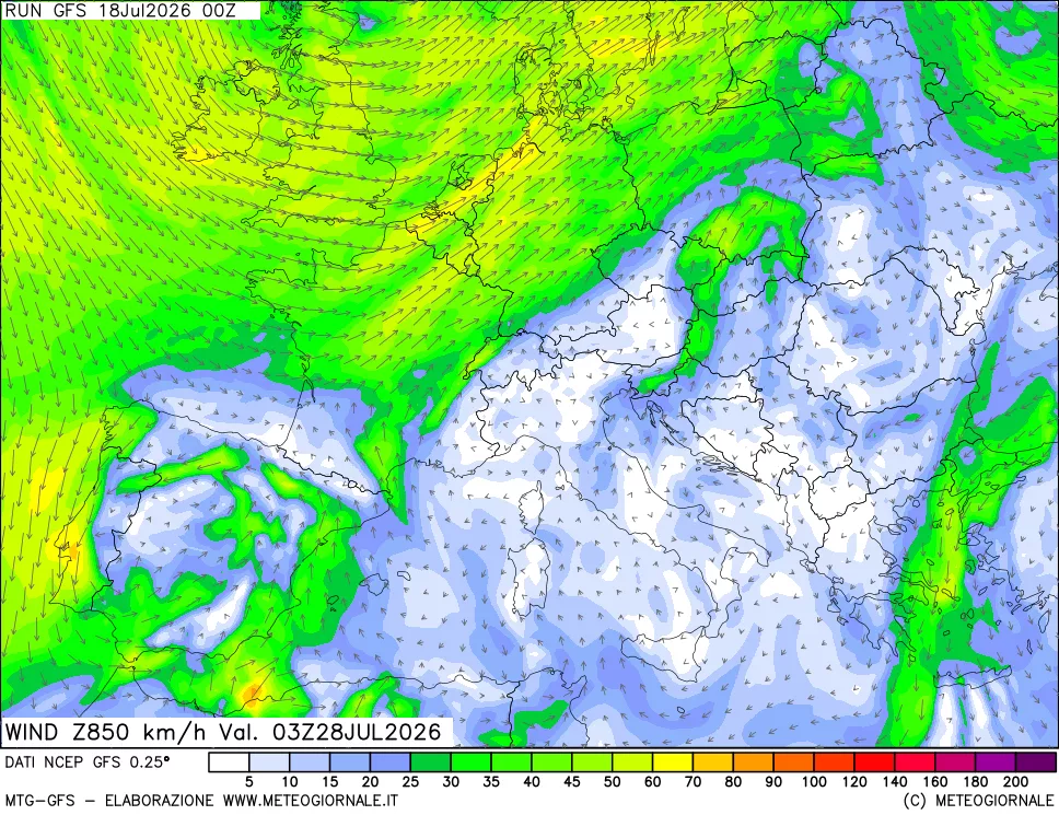 mappa 850 hPa Vento forza e direzione