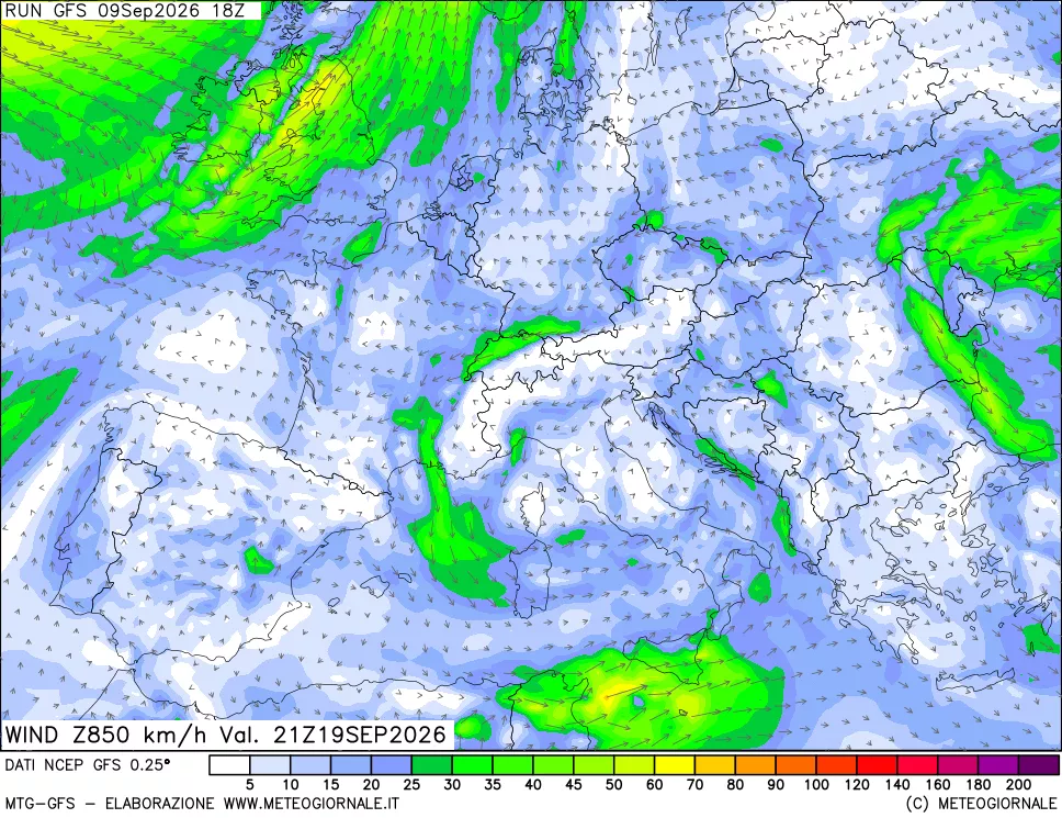 mappa 850 hPa Vento forza e direzione