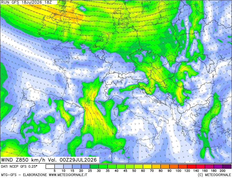 mappa 850 hPa Vento forza e direzione