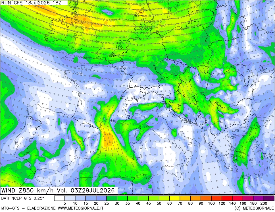 mappa 850 hPa Vento forza e direzione