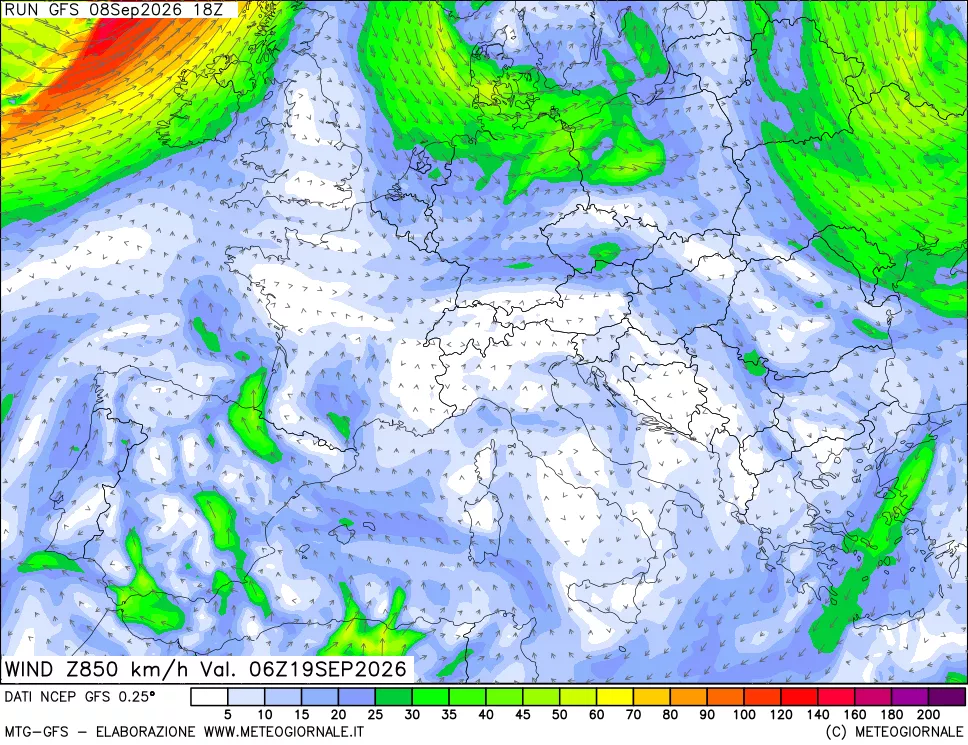 mappa 850 hPa Vento forza e direzione