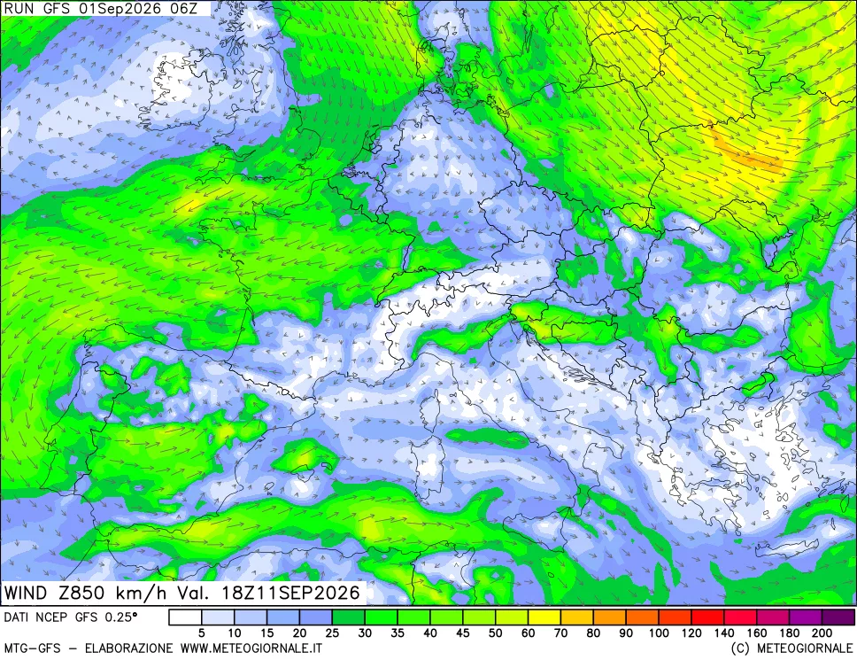 mappa 850 hPa Vento forza e direzione