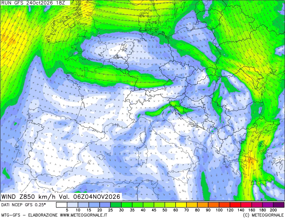 mappa 850 hPa Vento forza e direzione