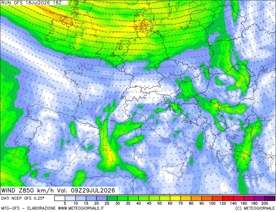 mappa 850 hPa Vento forza e direzione