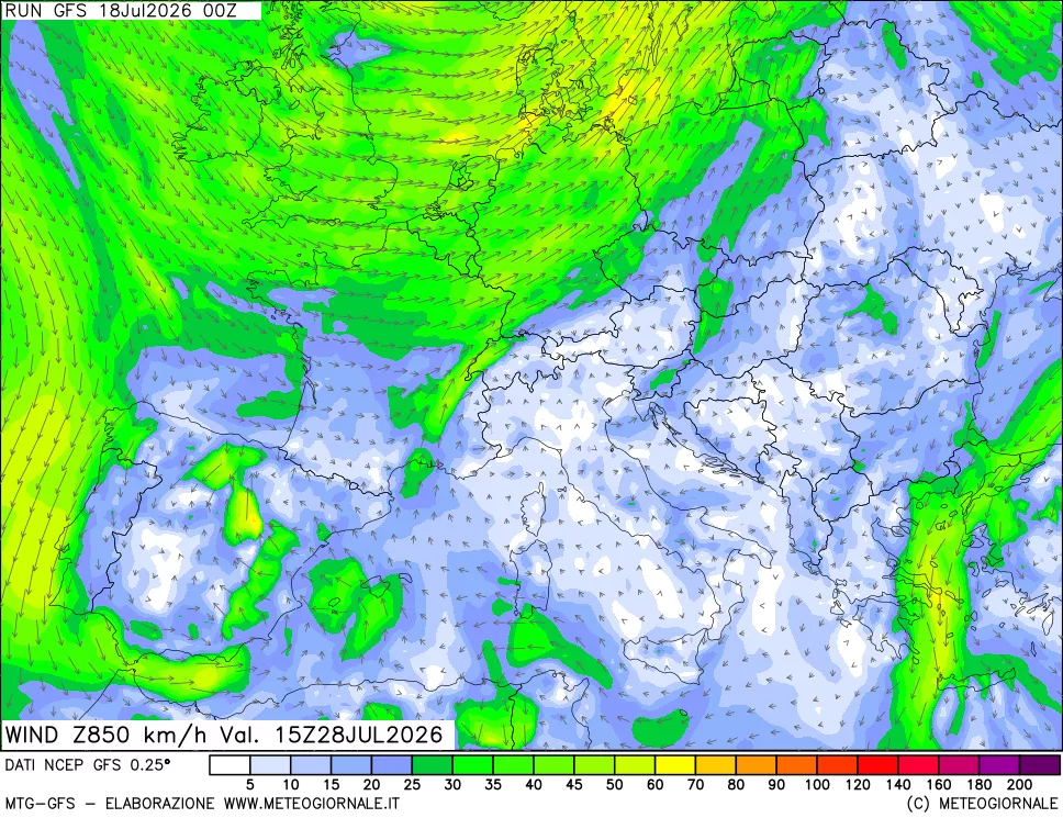 mappa 850 hPa Vento forza e direzione