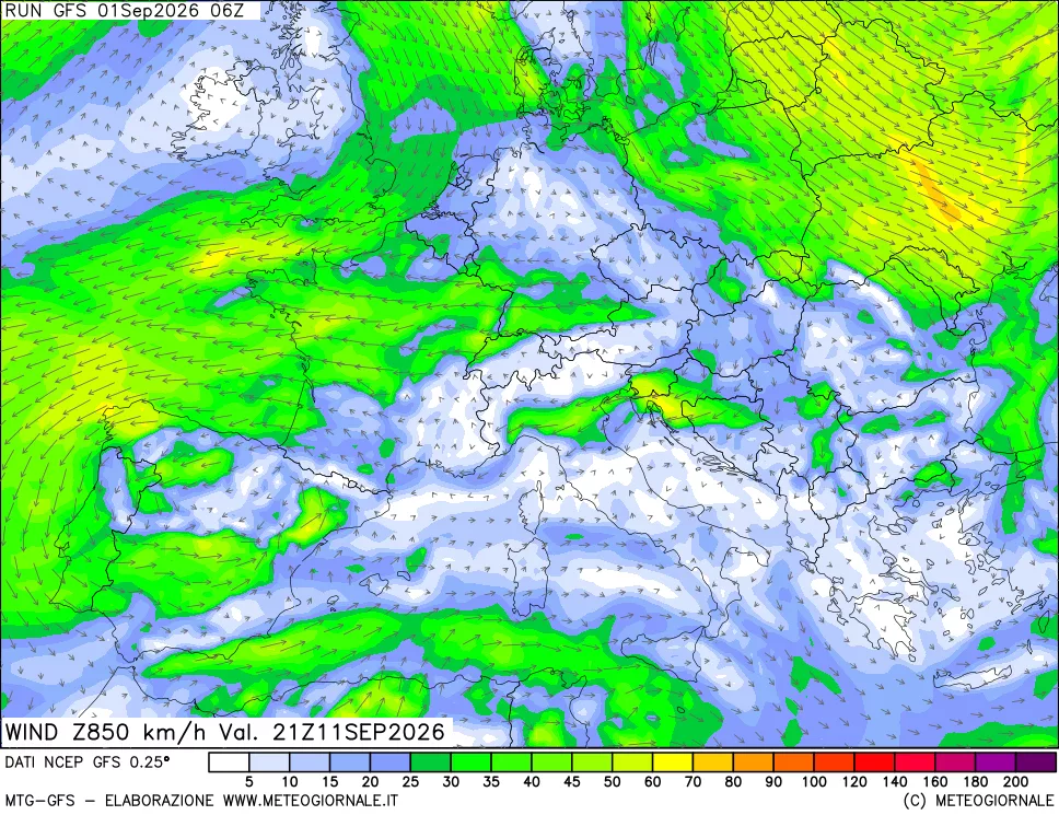 mappa 850 hPa Vento forza e direzione