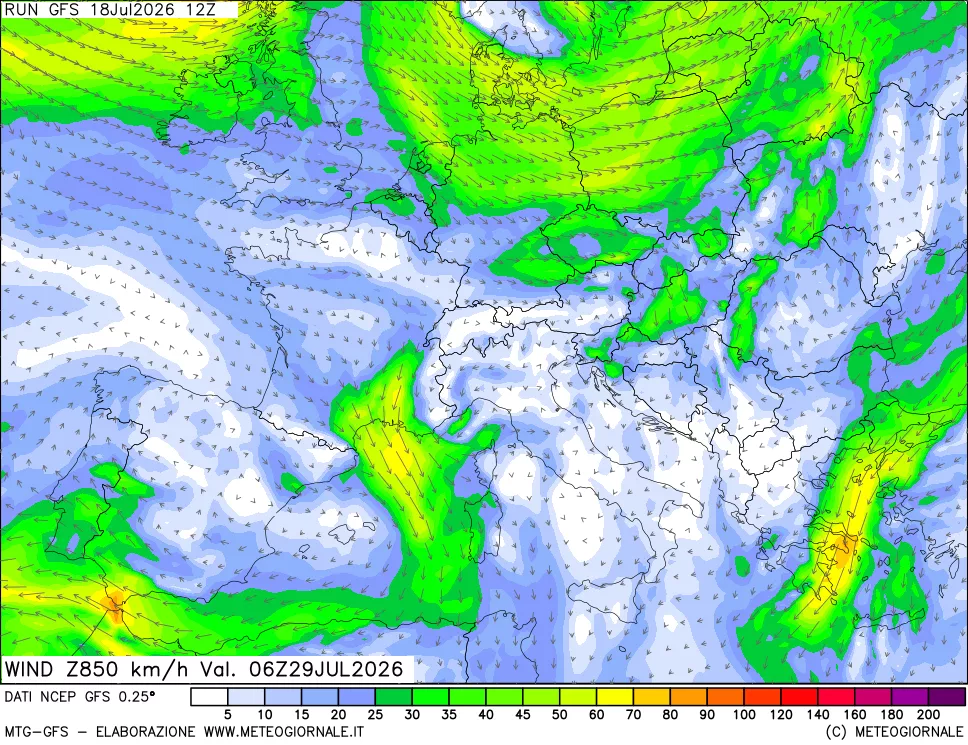mappa 850 hPa Vento forza e direzione