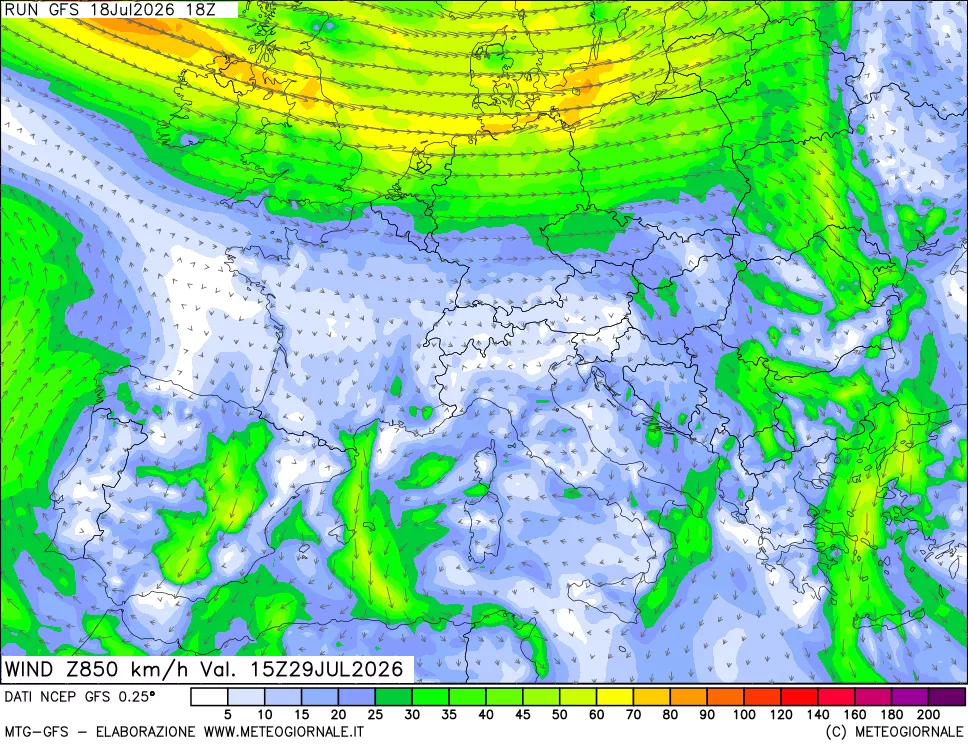 mappa 850 hPa Vento forza e direzione