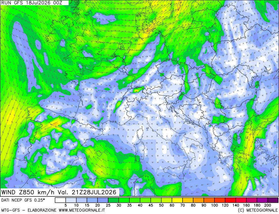 mappa 850 hPa Vento forza e direzione