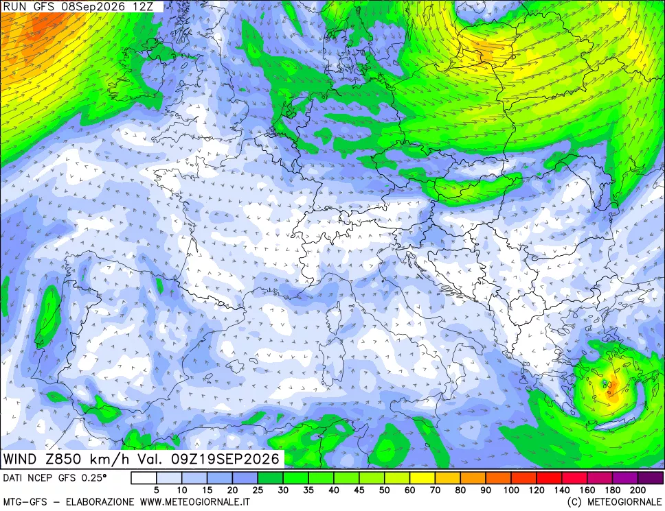 mappa 850 hPa Vento forza e direzione