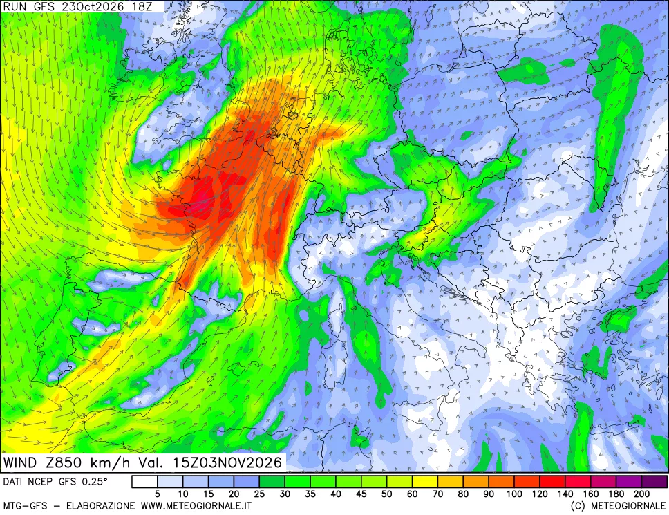 mappa 850 hPa Vento forza e direzione