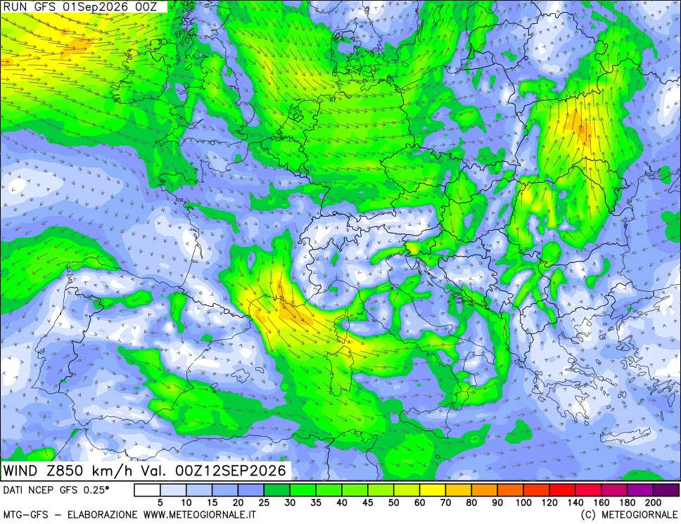 mappa 850 hPa Vento forza e direzione